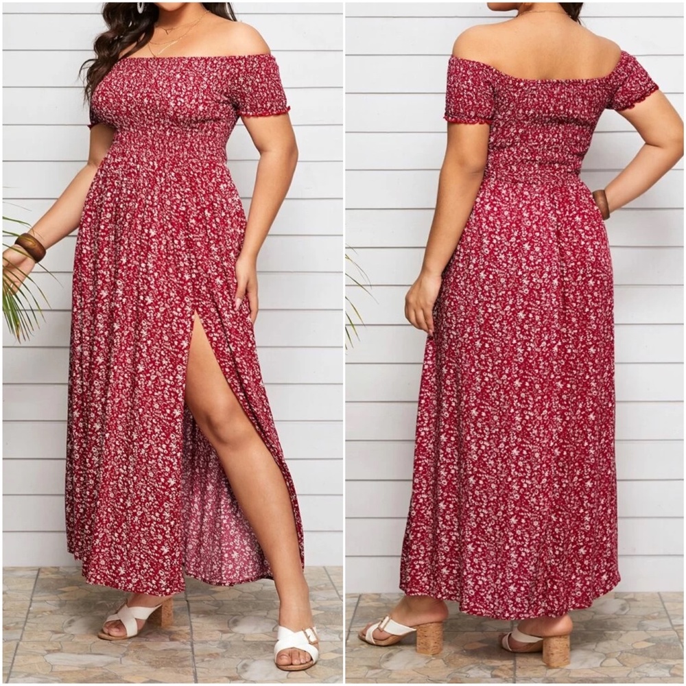 Plus Navy Blue Floral Print Off Shoulder Maxi Dress - Picture 4 of 5